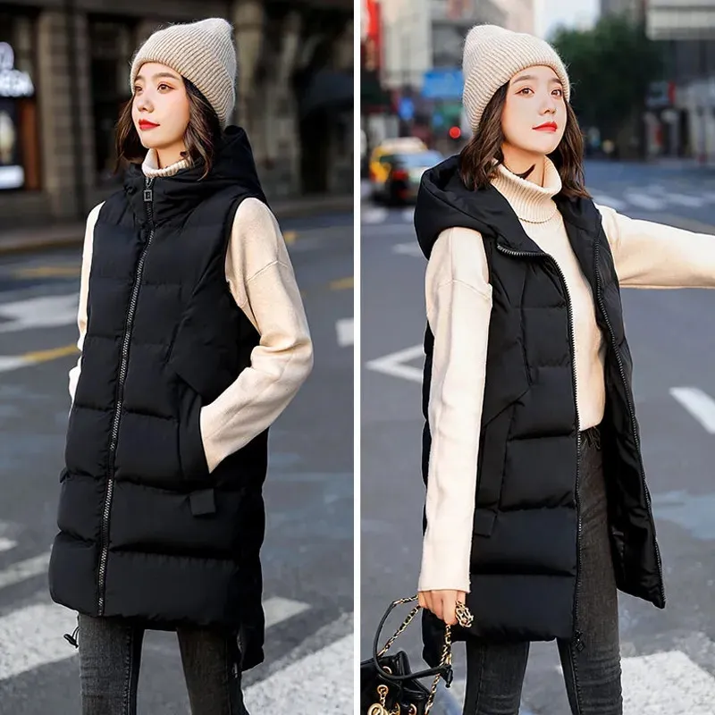 Gilet in piumino Taglia Casual Donna oversize da neve Donna senza maniche Abbigliamento allentato Giacca invernale con cappuccio M-4xl Gilet Tutto-fiammifero