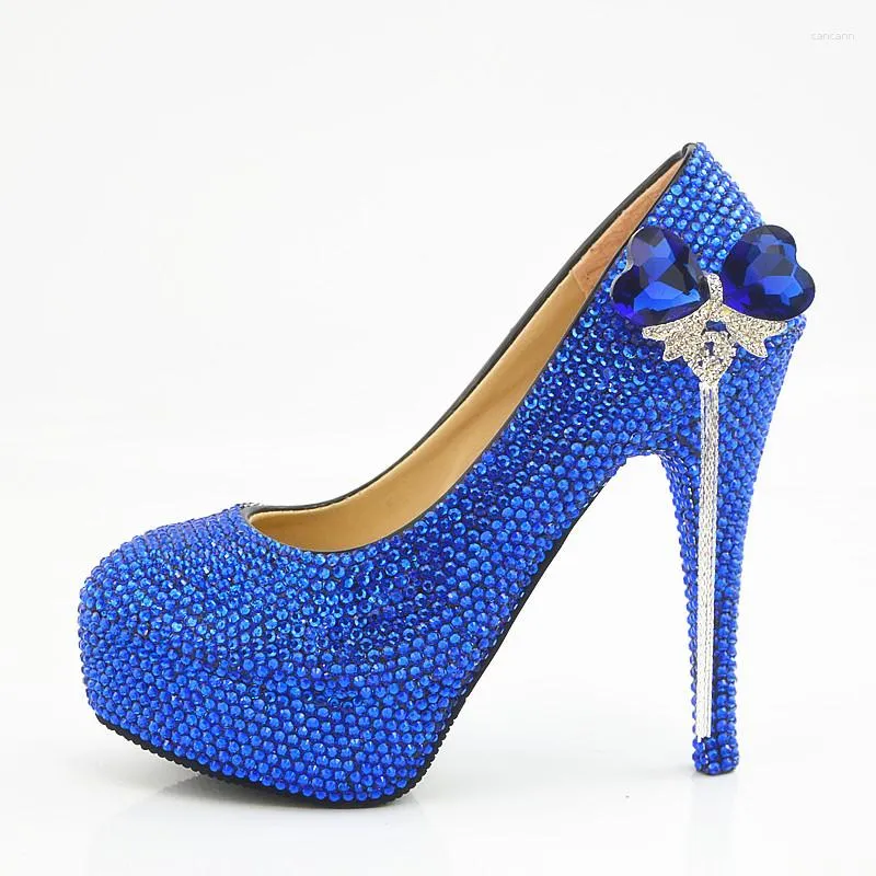 Dress Shoes Gorgeous Royal Blue Rhinestone Heart Decoration Tassel Party Prom Anniversary Celebration Women Bridal Wedding High Heels