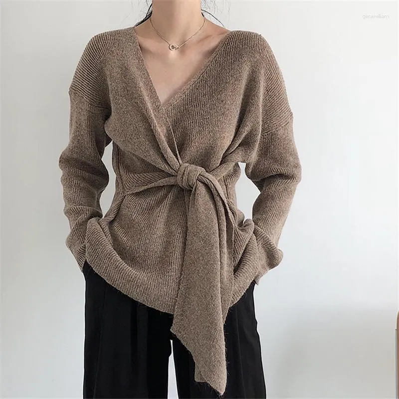 Damenpullover, schicke Damen-Strickjacke mit Schnürung, unregelmäßiger V-Ausschnitt, lässige Langarm-Strickwaren mit Gürtel, OL-Tops, Sueter Mujer