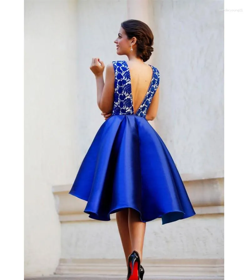 Royal Blue V neck Backless Short Cocktail Lace Top Satin Formal Gala Gown