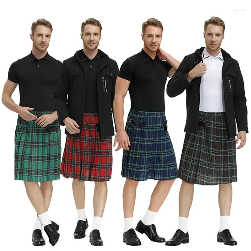 Stage Wear Halloween Men Scotland Kilt Traditional Plaid Belt Pleated Bilateral Chain Costume Punk Hip-hop Avant Scottish Tartan Pants Ski