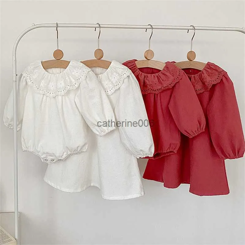 2023 Kid Girl Spring Höstkläder Set Baby Girls Clain Cotton Jumpsuit Young Girls Casual Loose Dress Twin Sister Matching Wear L230625