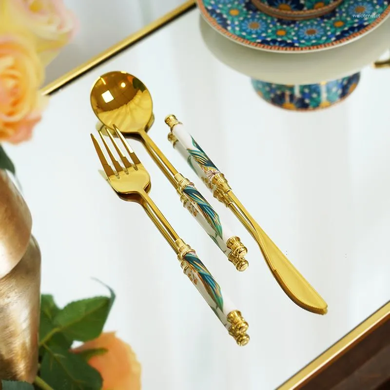 Conjunto de talheres de aço inoxidável 304 dourado faca e garfo conjunto de colher luz de luxo cerâmica cabo longo utensílios de mesa moda casa talheres