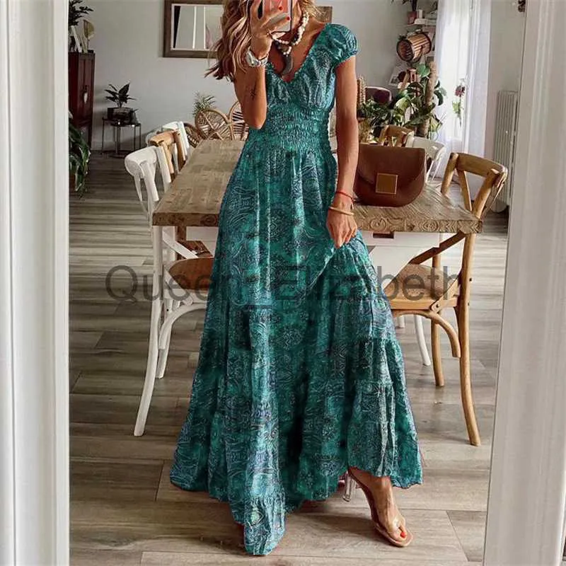 Lässige Kleider Sommer Vintage lange Kleider Frauen 2023 Bohemian Elegant Blumendruck gegen Halsrobe