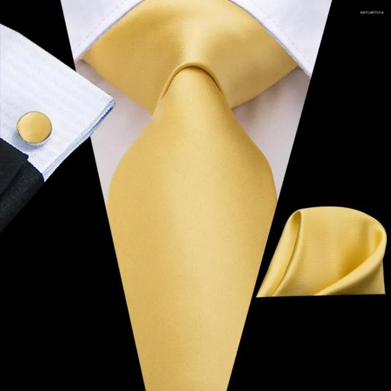 Bow Ties Yellow Solid 2023 Elegant Mens Hanky ​​Cufflink Silk Slips för män Bröllopsfest Affärsmodemärke Hi-Tie Designer