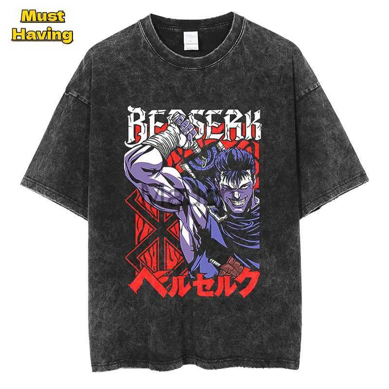 Camisetas Masculinas Anime Berserk Graphic Tshirt para Homens Vintage Bla Lavado Camisetas de Algodão Tops Masculino Verão Solto Camiseta Extragrande Streetwear Outfit J230625