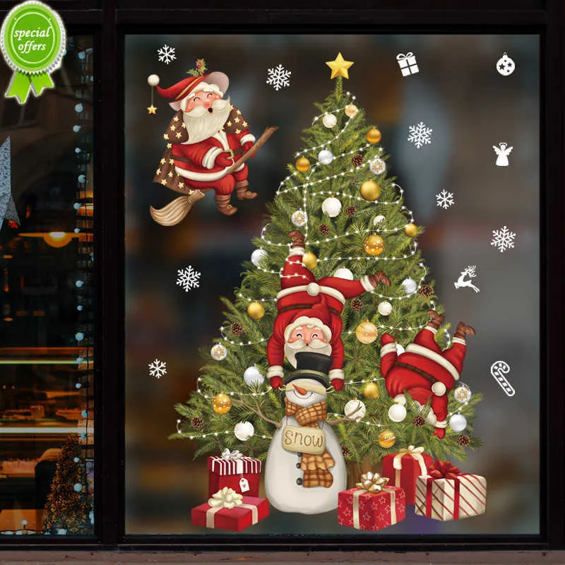 New Window Stickers Christmas Decoration Santa Gifts Merry Christmas Mirror Sticker Xmas Tree Window Glass Sticker New Year 2023