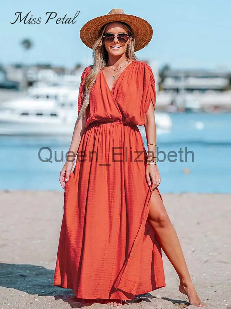 Casual Dresses Orange Surplice Ruched Maxi Dress for Women Sexig elastisk midja Kort ärm Lång A-Line Beach Dress 2023 Summer Sundress J230625