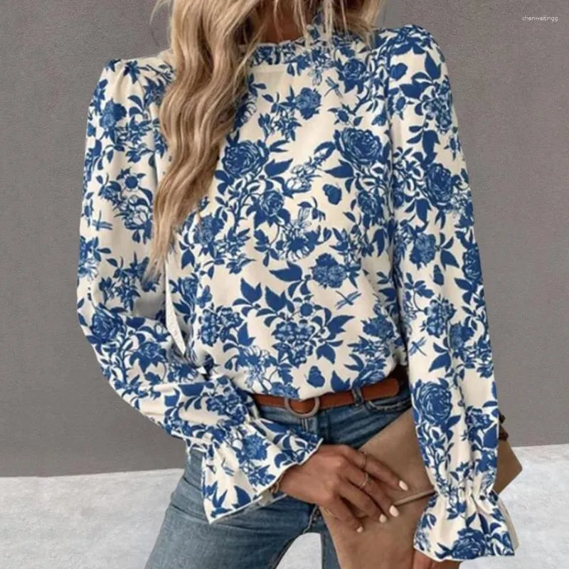 Blusas femininas com babados nos punhos manga longa com acabamento em renda e decote simulado camisa feminina blusa elegante com padrão floral