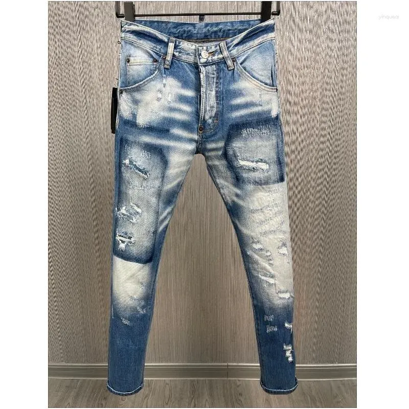 Men's Jeans Men's Casual Trendy Letter Moto&Biker Hole Spray Paint Fashion High Street Denim Fabric Pants 9878#