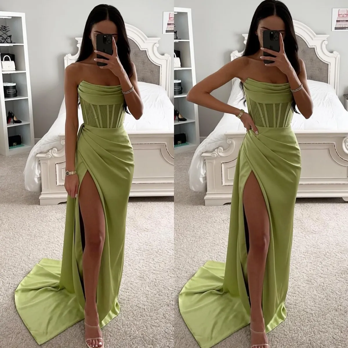 Fashion Green Prom Dresses Strapless Bone Bodice Evening Gowns Pleats Sheath Split Formal Red Carpet Long Special Occasion Party dress