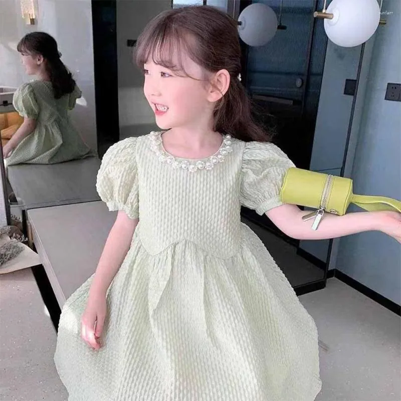 Girl Dresses Korea Girls Dress Pearl Neck Summer Fashion Bubble Sleeves Princess Little Kids Flower For Weddings