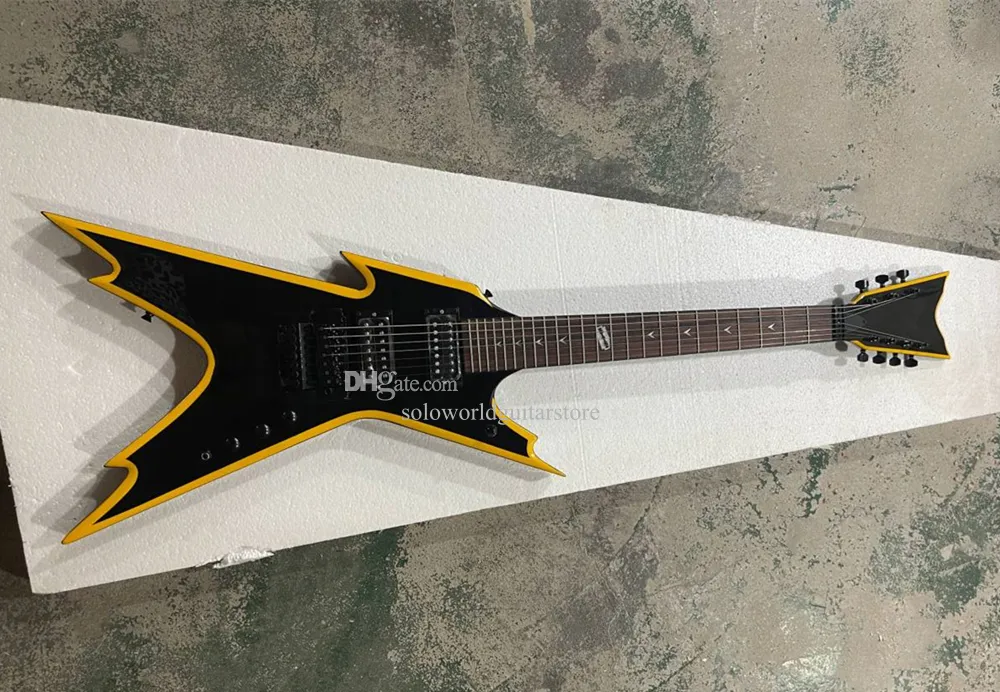 7 strängar gul edgy svart kropp elektrisk gitarr med tremolo bridge, hh pickups, kan anpassas