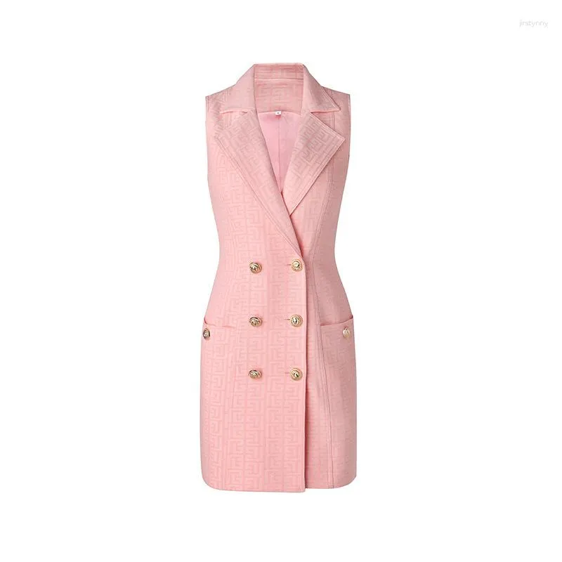 カジュアルドレス6月唇2023夏のオフィスを着る女性ピンクベージュテクスチャーボディコンノースリーブベストドレス最高品質の卸売