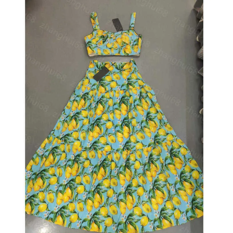 23ss womens designer clothing skirt set Lemon print strapless halter top pleated skirt sets High quality womens clothing a1