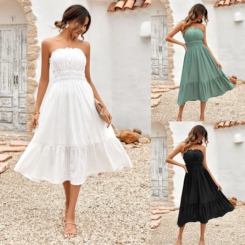 Casual Kleider 2023 Sexy Trägerlose Rüschen Lange Prom Frauen Sommer Ärmellose A-Linie Abendkleid Elegante Lose BacklessBeach PartyKleid