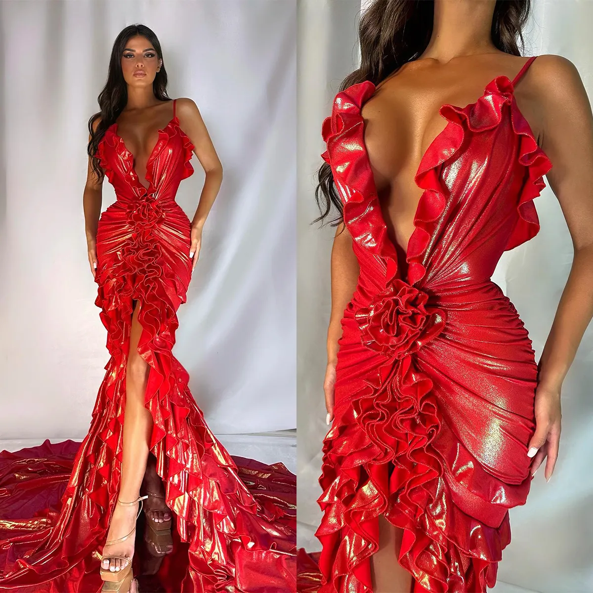 하이 포크 새로운 섹시한 깊은 V- 넥 파티 신부 가운을 가진 밝은 빨간 이브닝 드레스 로브 드 마리에 스위프 트레인 맞춤형 색상