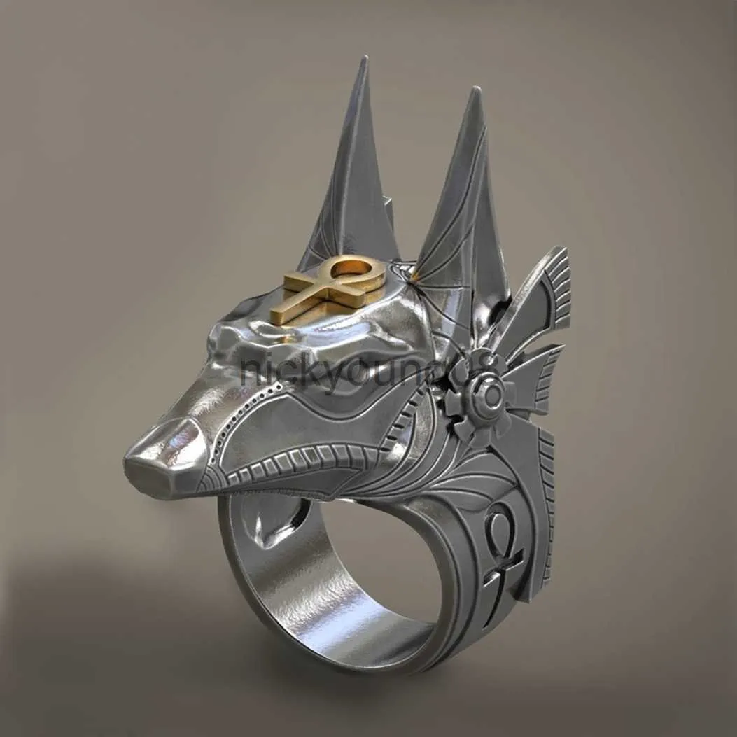 Band Ringen Vintage Roestvrij Staal Egypte Kruis Anubis God Vinger Ringen voor Mannen Vrouwen Punk Wolf Head Knuckle Ring Boho Verklaring Sieraden x0625