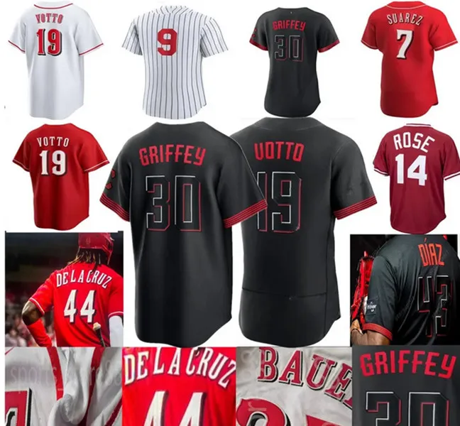 Griffey Jr. honkbaltrui Griffey City Connect Barry Larkin 11 30 zwart rood gestikte honkbaltruien