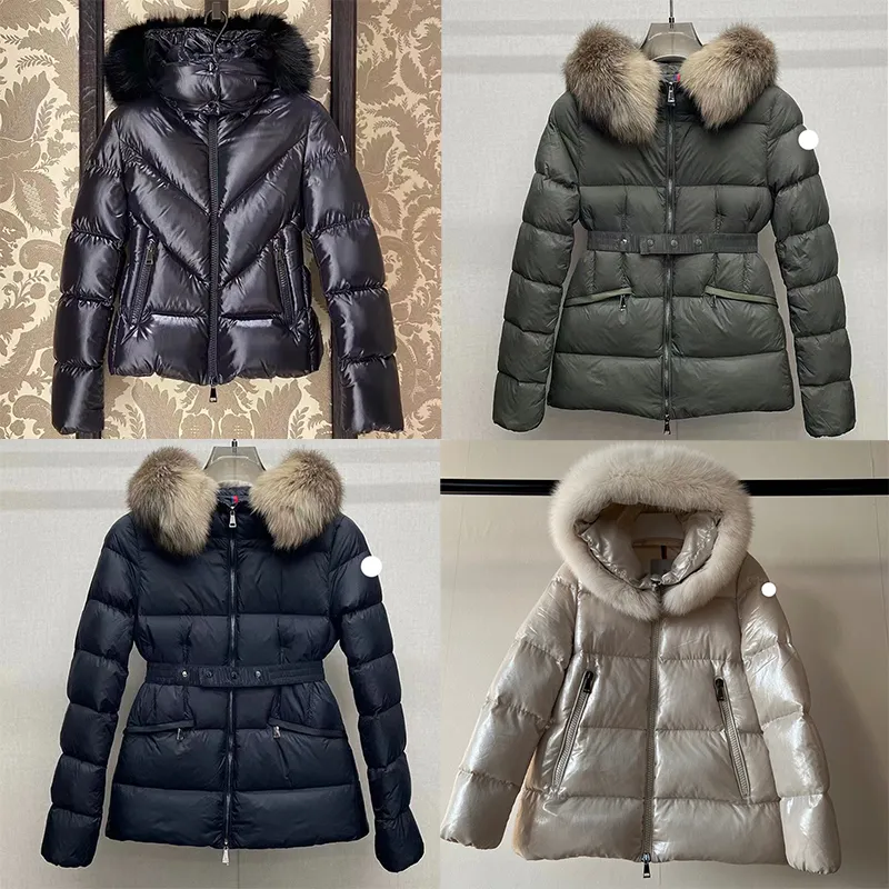 Designer feminino para baixo parkas comprimento médio emblema bordado com chapéu gola de pele engrossado para calor e ajuste fino puffer jaqueta de inverno tamanho superior 1/2/3/4