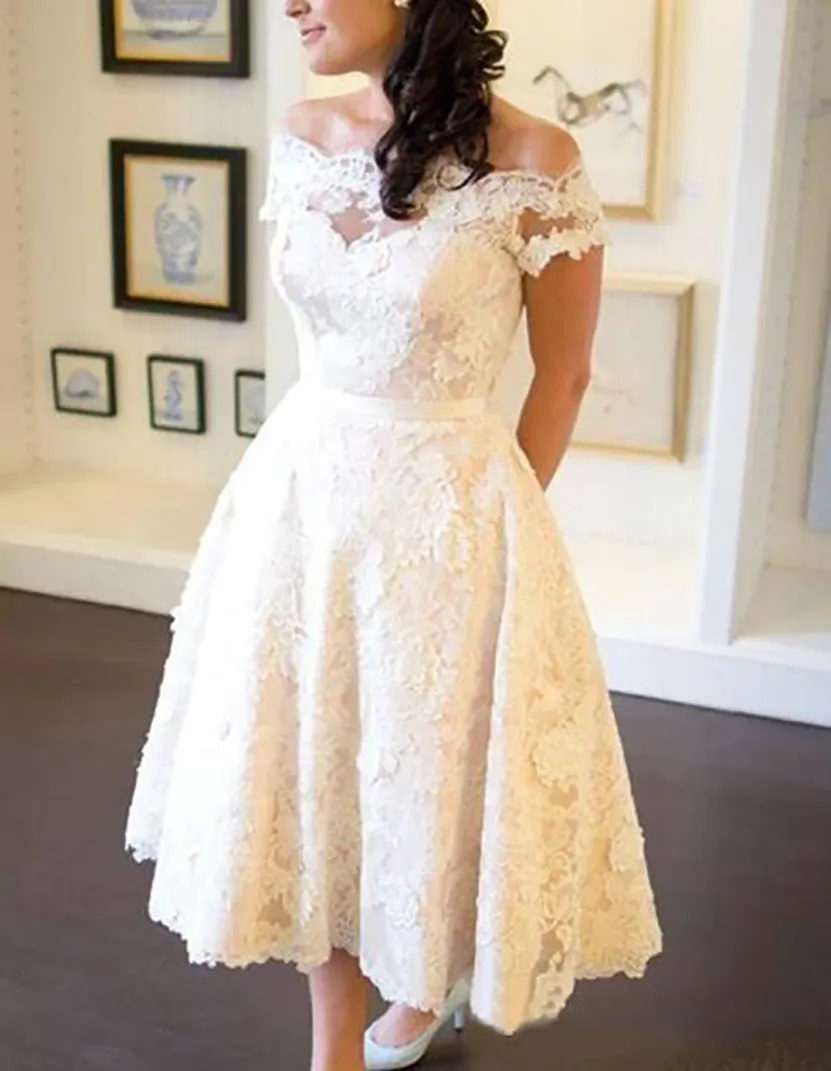 vintage inspired tea length wedding dresses Half Sleeve Floral Lace Dress with Square Neck As Picture / Custom Size / Short Sleeve 3/4 Length Sleeve Vintage Off-Shoulder Lace A-Line Short