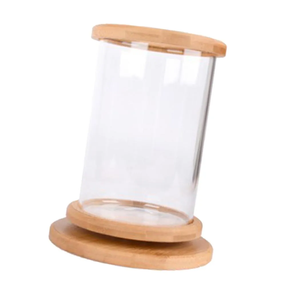 Rotatable Bamboo Stand & Glass Aquarium Fish Office Home Desktop Decor Small Fish Tank Cylinder Terrarium for Goldfish Betta