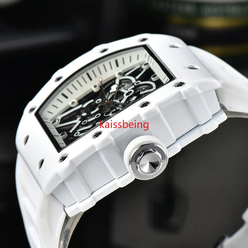 DES Herren-Keramik-Armbanduhr mit ausgehöhltem transparentem Boden, Business-Quarz-Stil, weiß, wasserdicht