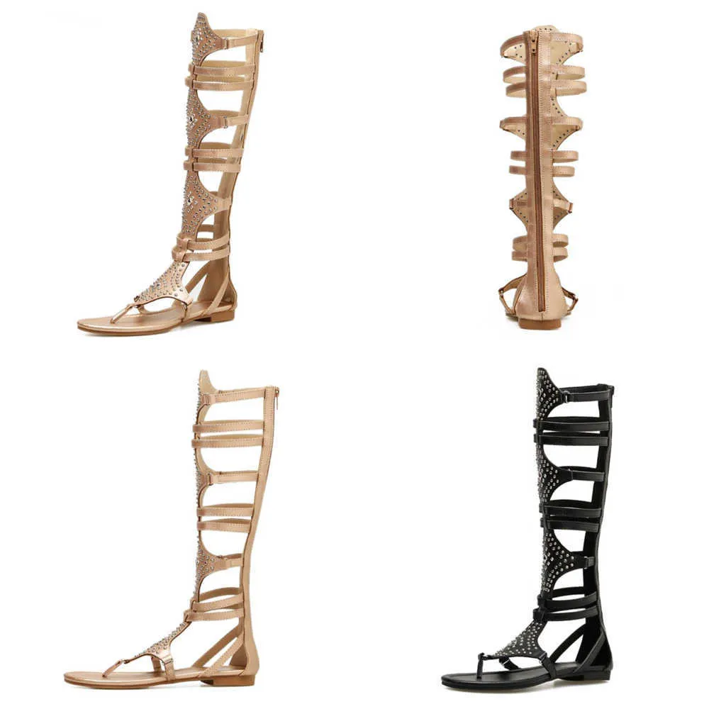 Summer Sandals New Golden Black Women Gladiator Boots Pu Leather Open Toe Knee High Rivet Zip Casual Flat Heel Shoes 230511