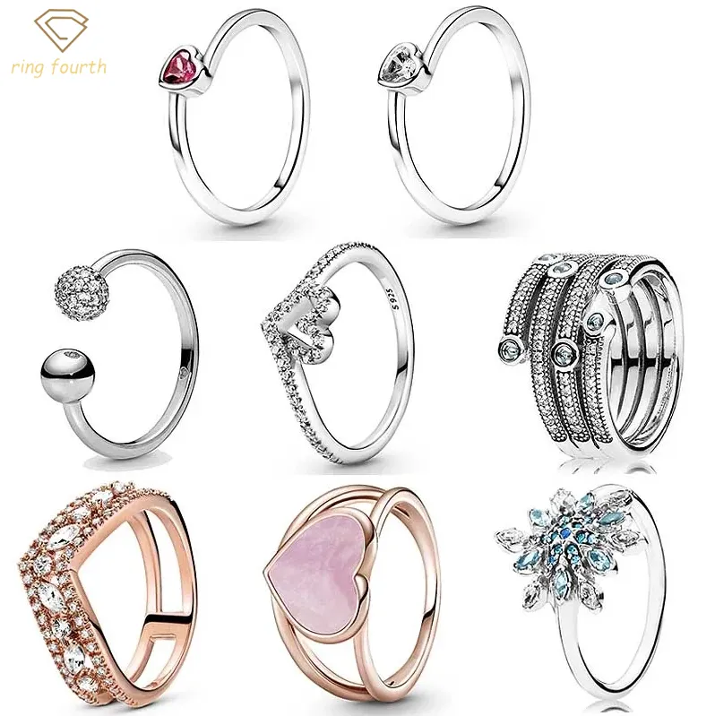 925 Argent Femmes Fit Pandora Bagues Original Coeur Couronne Bague De Mode Solitaire Rose Tourbillon Émail Océan Givré Ouvert