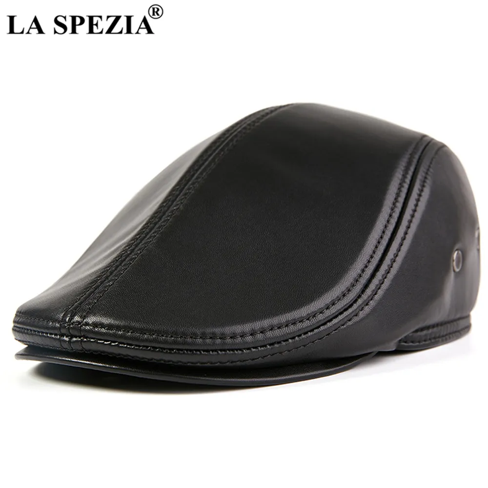 La Spezia Black Men Cap Flat Sheepeskin Leather Real Gens Gatsby Gatsby Cap عالية الجودة الخريف الخريف الأذن.