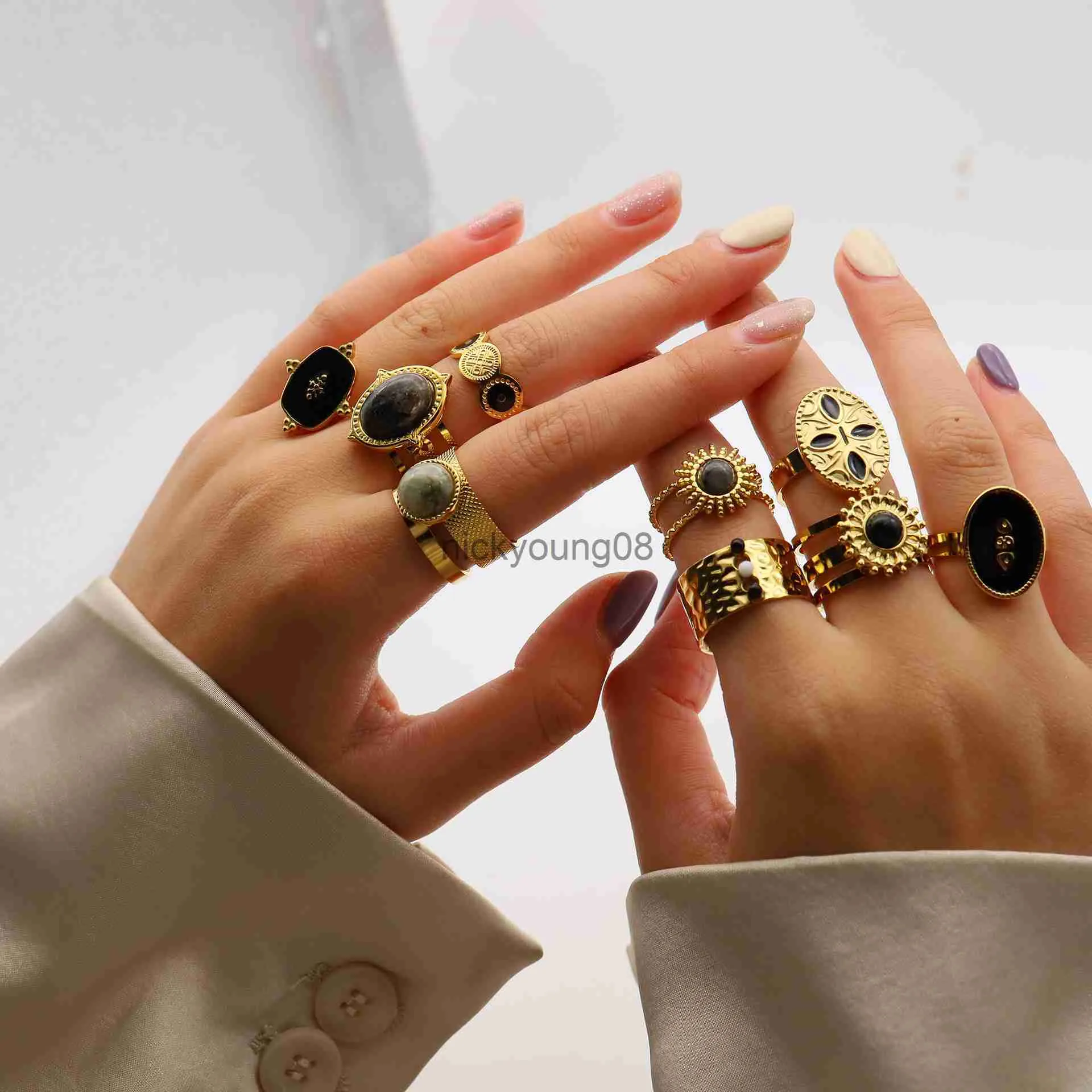 Anéis de banda retrô de pedra natural anéis de aço inoxidável banhados a ouro titânio aço turquesa malaquita anéis de dedo para mulheres joias x0625