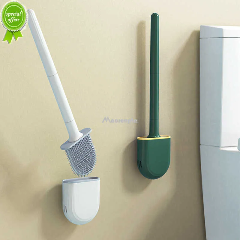 New Breathable Toilet Brush Water Leak Proof with Base Silicone Wc Flat Head Flexible Soft Bristles Brush with Quick Drying Holder