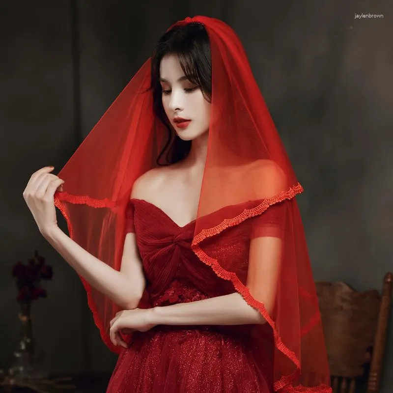 Coiffes voile rouge mariée principale robe de mariée dentelle longue rétro Po accessoires court spectacle Wo vêtements Hijab coiffure