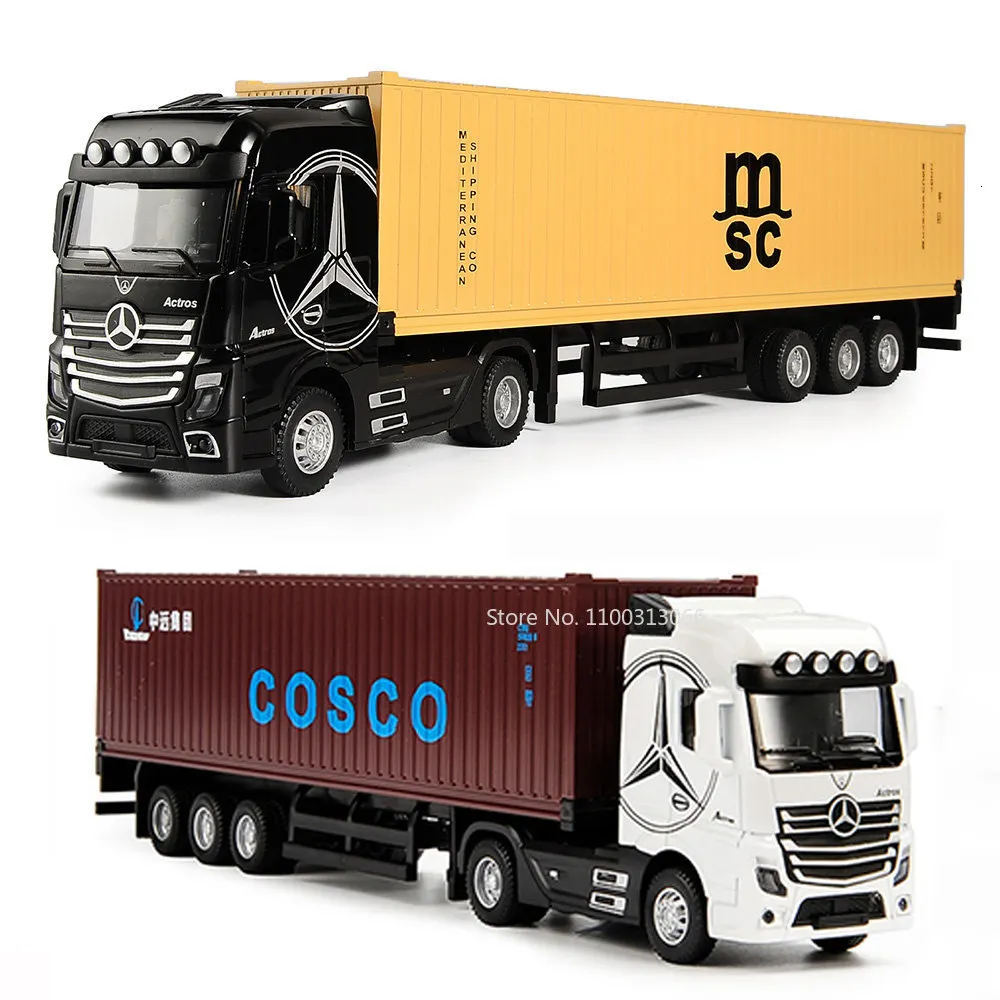 Druckguss-Modellauto 1/50, großes Druckguss-Legierungs-LKW-Kopfmodell, Container-LKW-Simulation, Zurückziehen, Ton, Lichttechnik, Transportfahrzeug, Jungenspielzeug, 230621