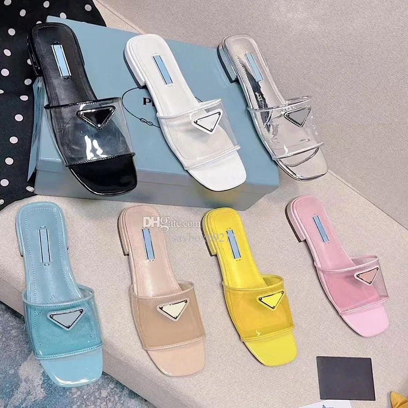 Ciabatte Hyaline Klar PVC Tofflor Slides Sandaler med klack Platta klackar med öppen tå lyxiga designers för kvinnor läder yttersula Casual Fashion skor fabriksskor