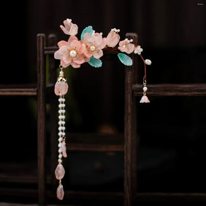 Hårklipp Fairy Hairpins For Women Pink Flower Tassel Barrettes Girls Vintage Chinese Hanfu Accessories Pearl Smycken