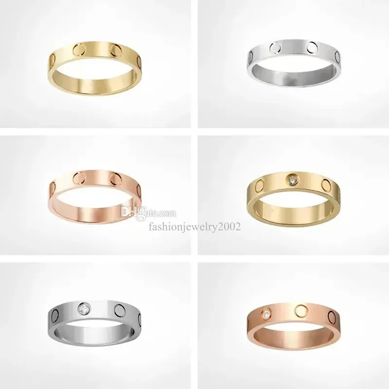 Love Rings Женские дизайнерские кольцевые кольцо пара ювелирных ювелирных ювелирных изделий Titanium Steel с бриллиантами Casual Street Classic Gold Silver Rose Копал Кольцо 4/6 мм обручальное кольцо карти