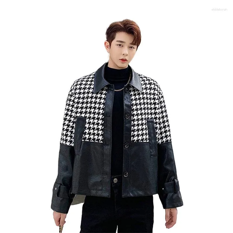 Men's Jackets VERSMA Korean Trendy Luxury PU Leather Patchwork Oversize Zipper Jacket Men High Quality Plaid Stitch Coats Women Drop