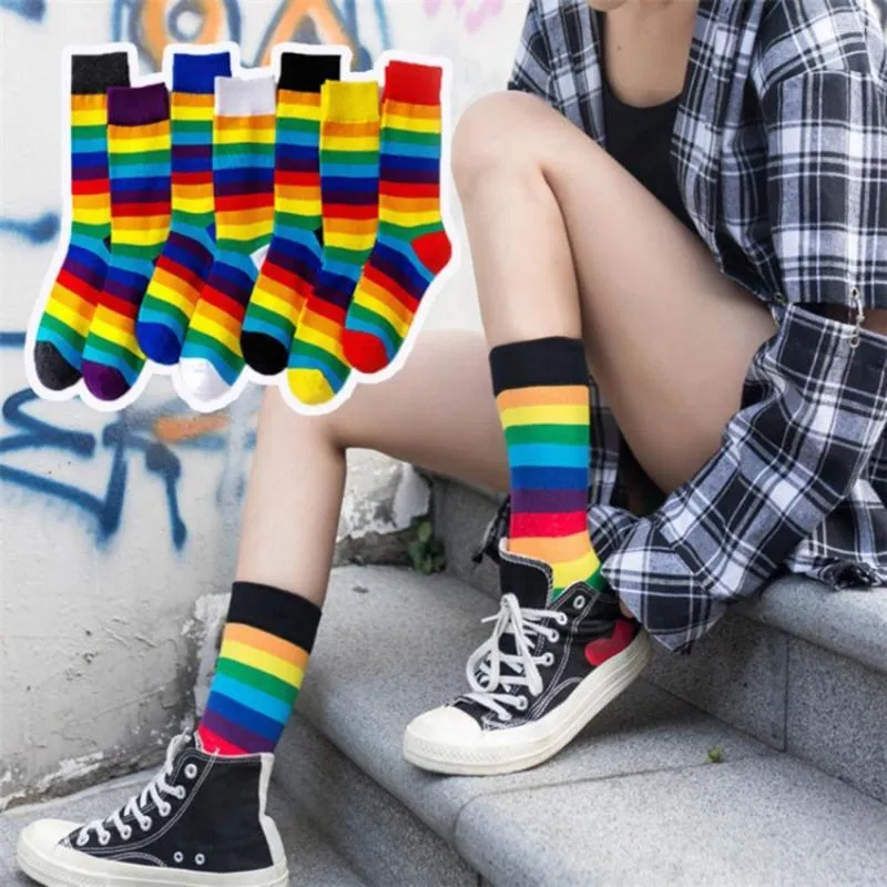 Women Socks 1 Pair Stockings Anti-shrink Breathable Vibrant No Odor Stripe Contrast Color Rainbow Colors Lady Fitness