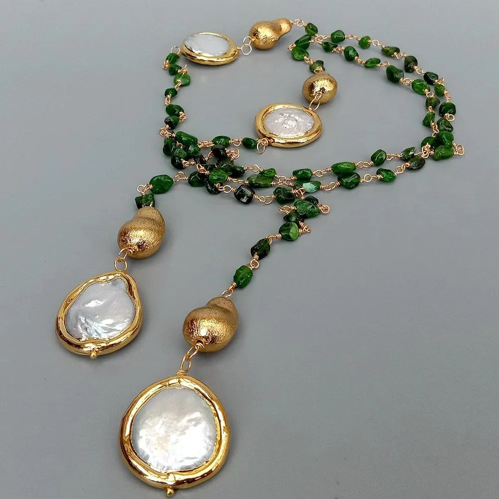 Collares pendientes Y.YING Natural Green Diopside Cultivado White Coin Pearl Collar largo de cadena de suéter 41 "230621