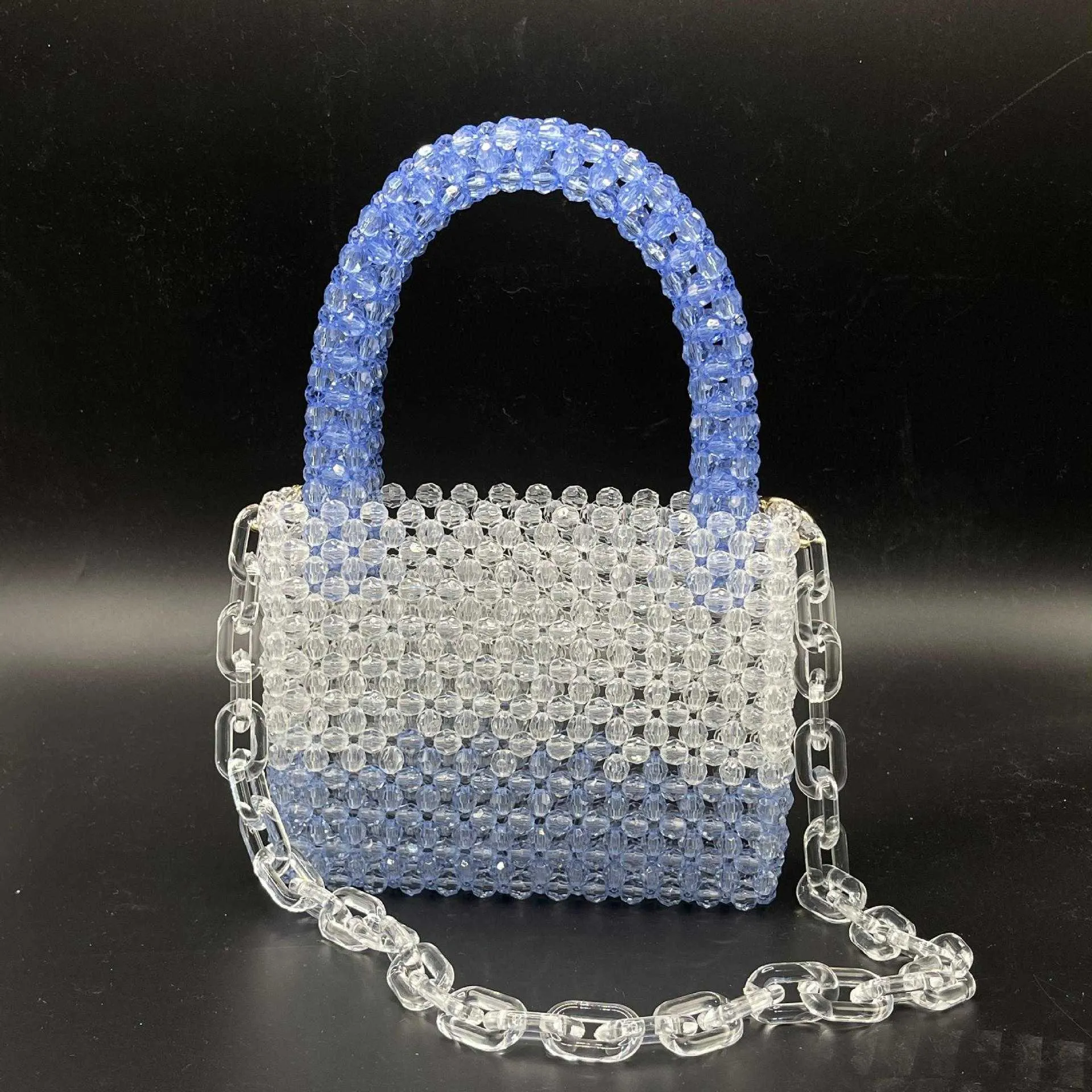 Sweet Gradual Blue Two Handed Handle Oblique Cross Beaded Bag Handmade Women's Bag Woven High Quality Acrylic Chain Women's Bag 230625