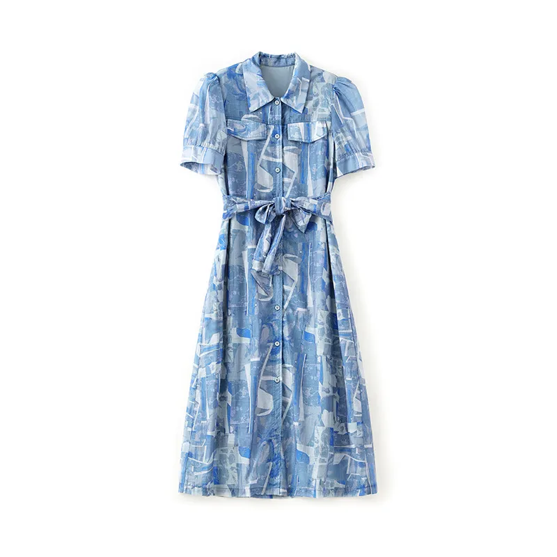 2023 verão azul estampa floral vestido cintura com cinto manga curta botões lapela gola midi vestidos casuais w3l048701