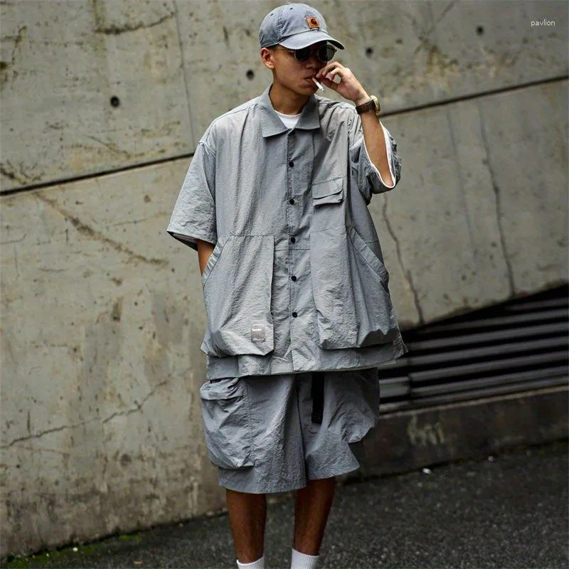 Men's Tracksuits Japanese Functional Tooling Short-sleeved Shirt Shorts Suit Summer Men's Loose Retro Solid Multi-pocket Set Male