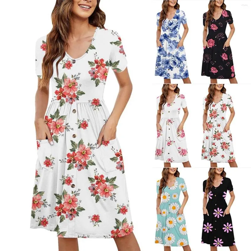 Robes décontractées Femme Swing Lâche Boutons V NeckT Shirt Dress Fit Confortable Flowy Mignon Tunique Mère De La Mariée