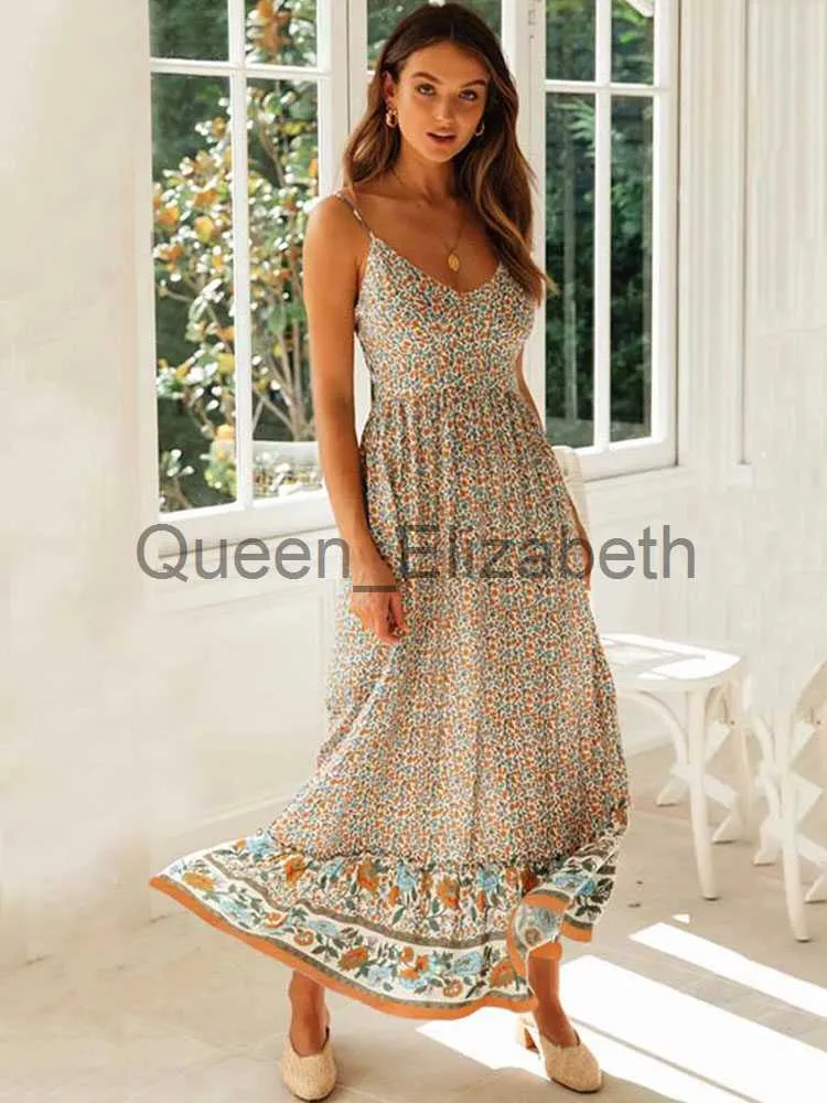 Women's Plus Size Floral Maxi Dress With Spaghetti Straps & Front Bow - Boho Summer Dress