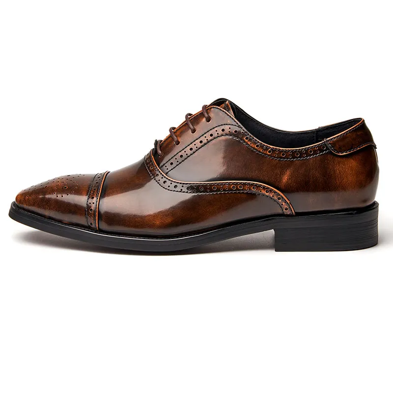 Mens Patent Leather Cap Toe Brown Lace Up Shoes Man Brogue Shoes