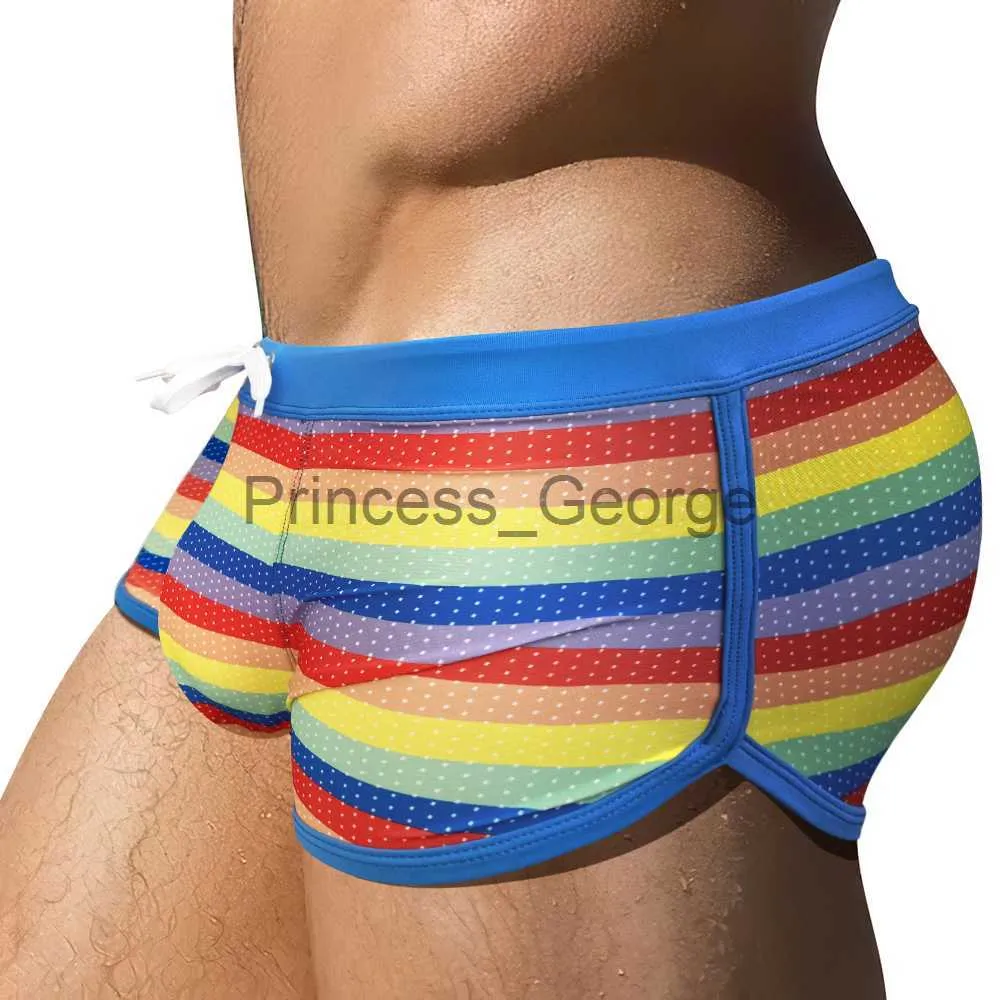 Herren-Badebekleidung, Sommer, seitlich geteilt, Herren-Bademode, sexy U-Beutel, Regenbogen-Strand-Badehose, Nylon, schnell trocknend, Boardshorts, männlich, Sport-Badeanzug x0625 x0625 x0625 x0625