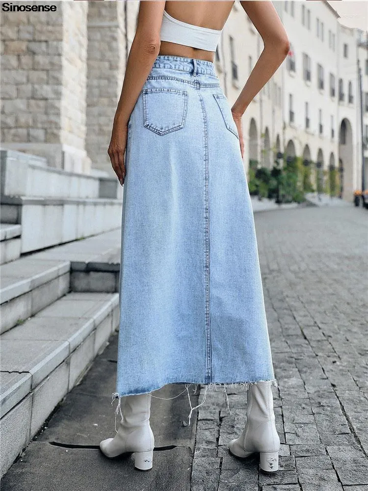 High waisted jean skirt gray top