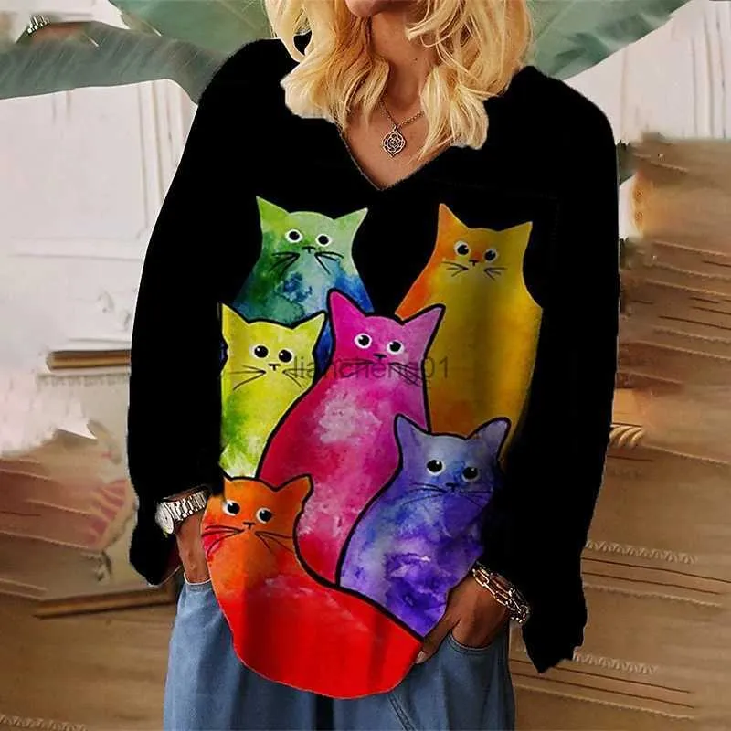 Moda Donna Maniche lunghe T-shirt 3d Art Cat Stampa Top Tee Casual Streetwear Estate Donna Oversize Maniche lunghe Abbigliamento L230619