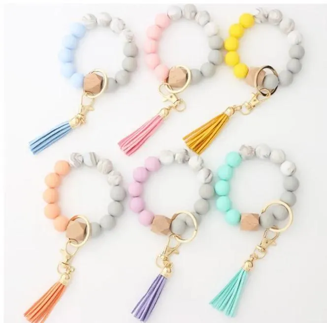 Party Favor Keychain Wooden Tassel String Chain Food Grade Silicone Bead Women Girl Key Ring Wrist Strap Bracelet DD456